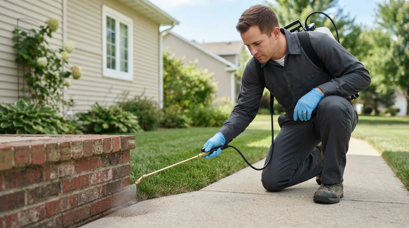 Pest control technician treating a home near Luthersburg, PA